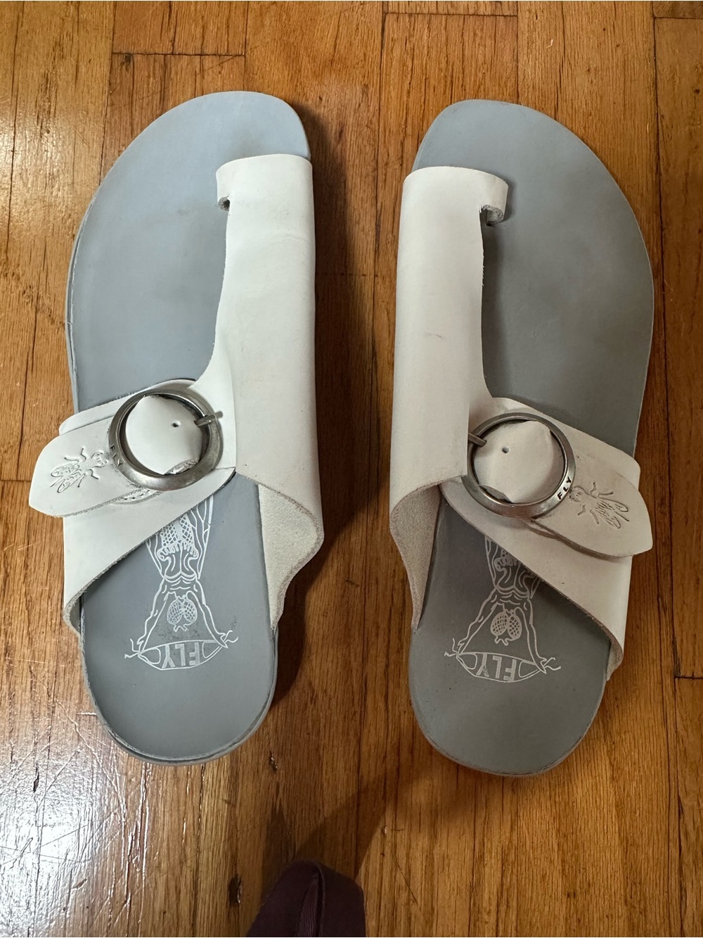 Fly London women’s white slide sandals with Silver Ring Accent- Size 38 EU